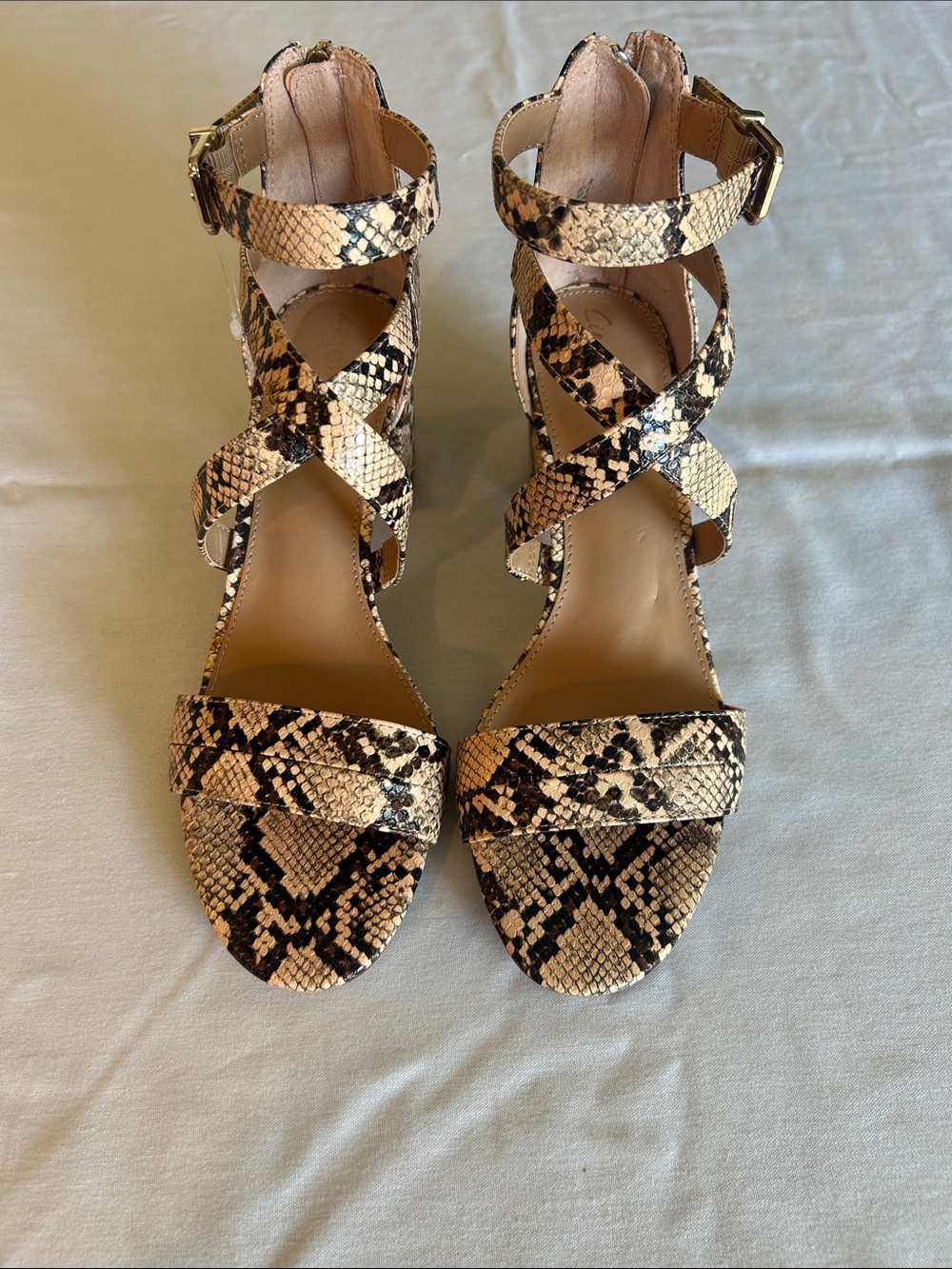 Circus by Sam Edelman Beige and Black Snake-Print Strappy Block Heels